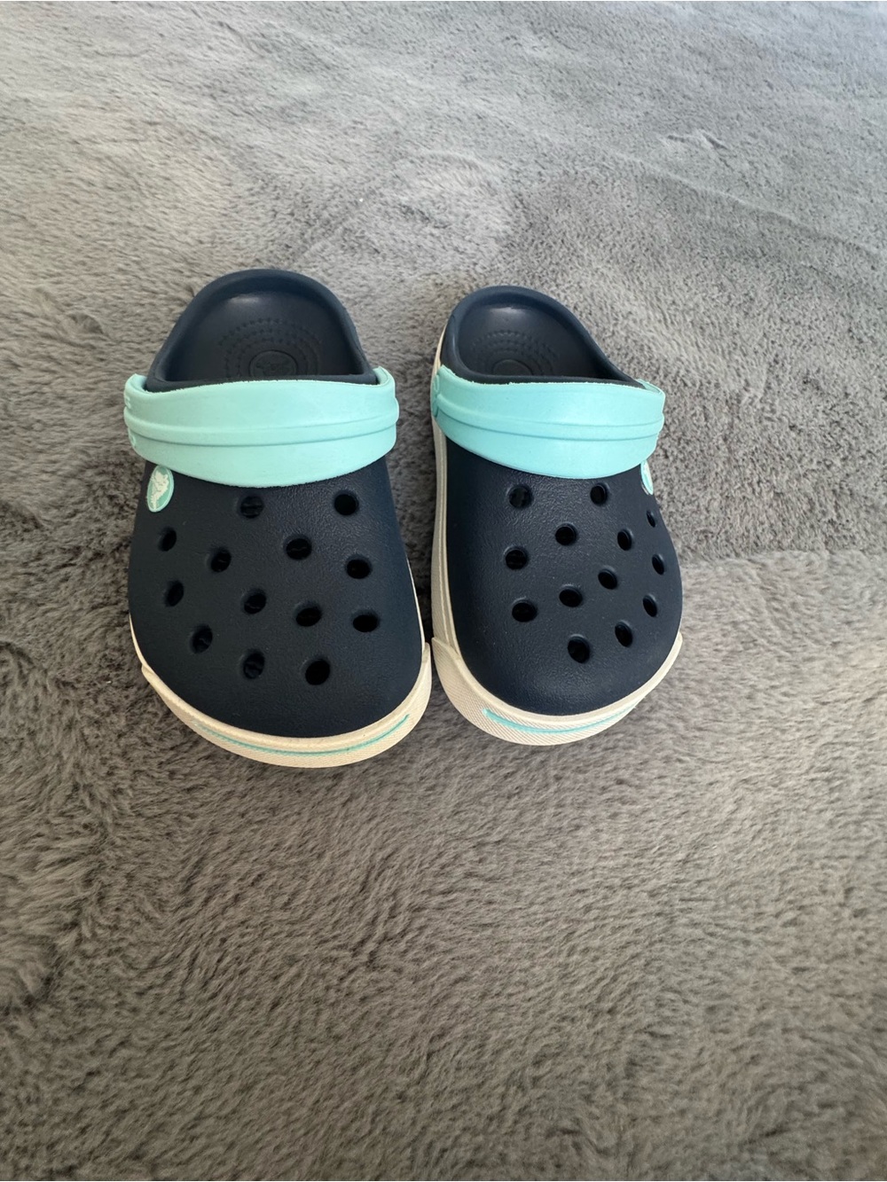 CROCS Kids Navy Clogs with Mint Strap and White Trim